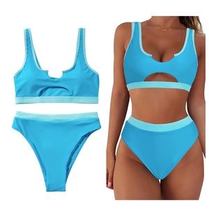 Women Blue Cutout Bikini Sets Push Up High Waisted Swimsuits 2 Piece Size XL